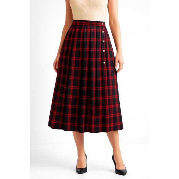 david brooks Dresses & Skirts - 1980s David Brooks Red Black Wool Plaid Skirt w/ Side Buttons
 small